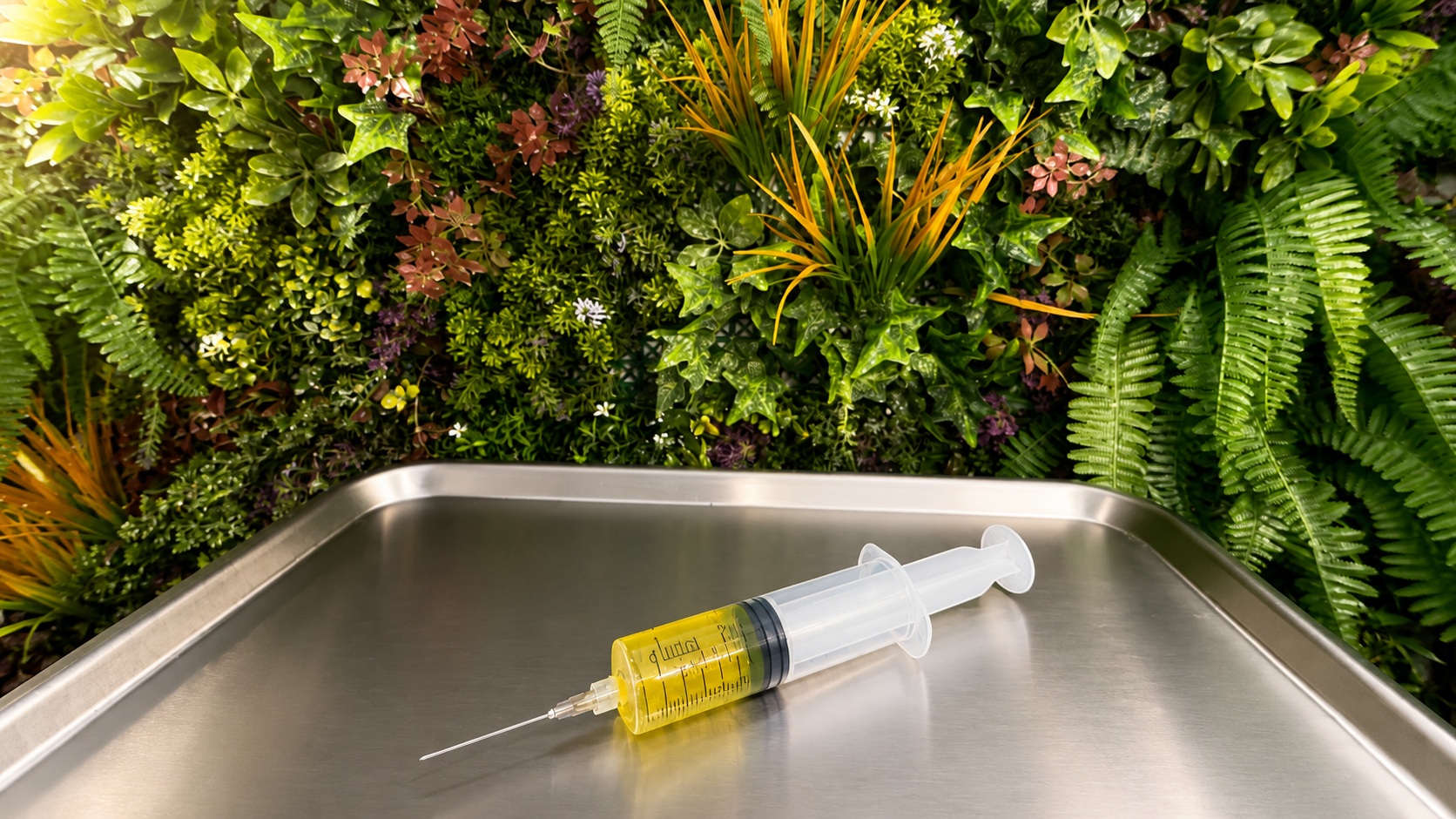 A syringe of golden platelet-rich plasma resting on a stainless steel tray against the living moss wall at Vytara